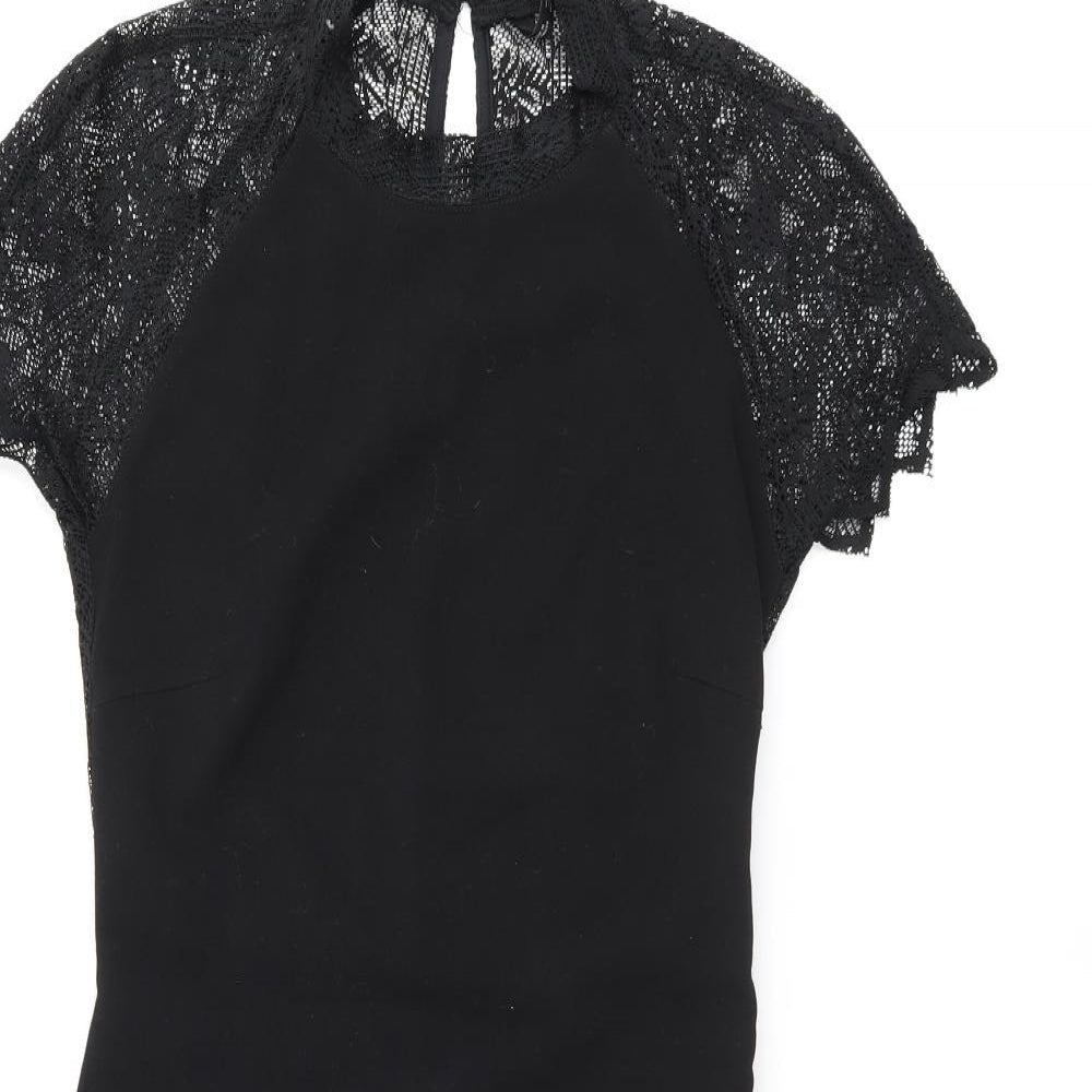 Zara Womens Black Polyester Bodycon Size S Round Neck Zip - Lace Detail