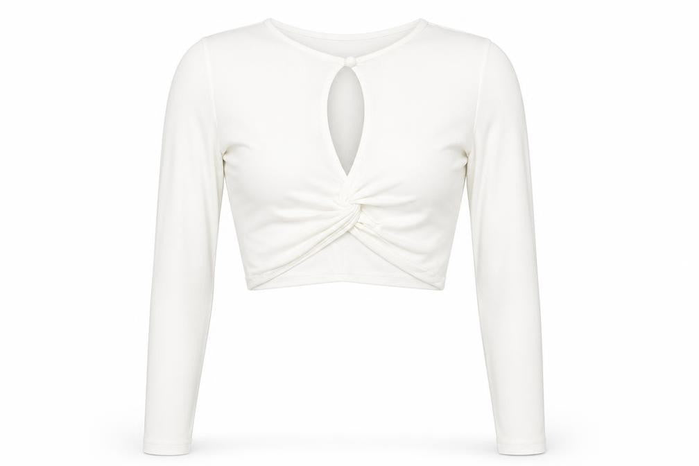 PRETTYLITTLETHING Womens Ivory Polyester Cropped T-Shirt Size 6 Round Neck - Twist Front