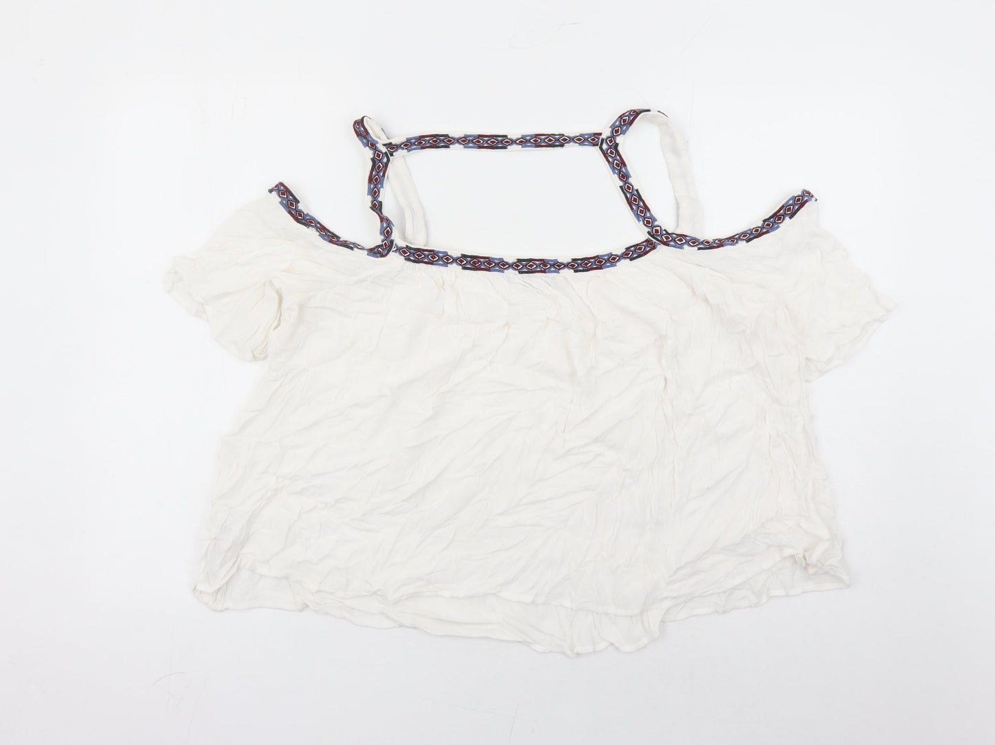 New Look Womens White Viscose Basic Blouse Size 16 V-Neck - Embroidered Detail Cold Shoulder
