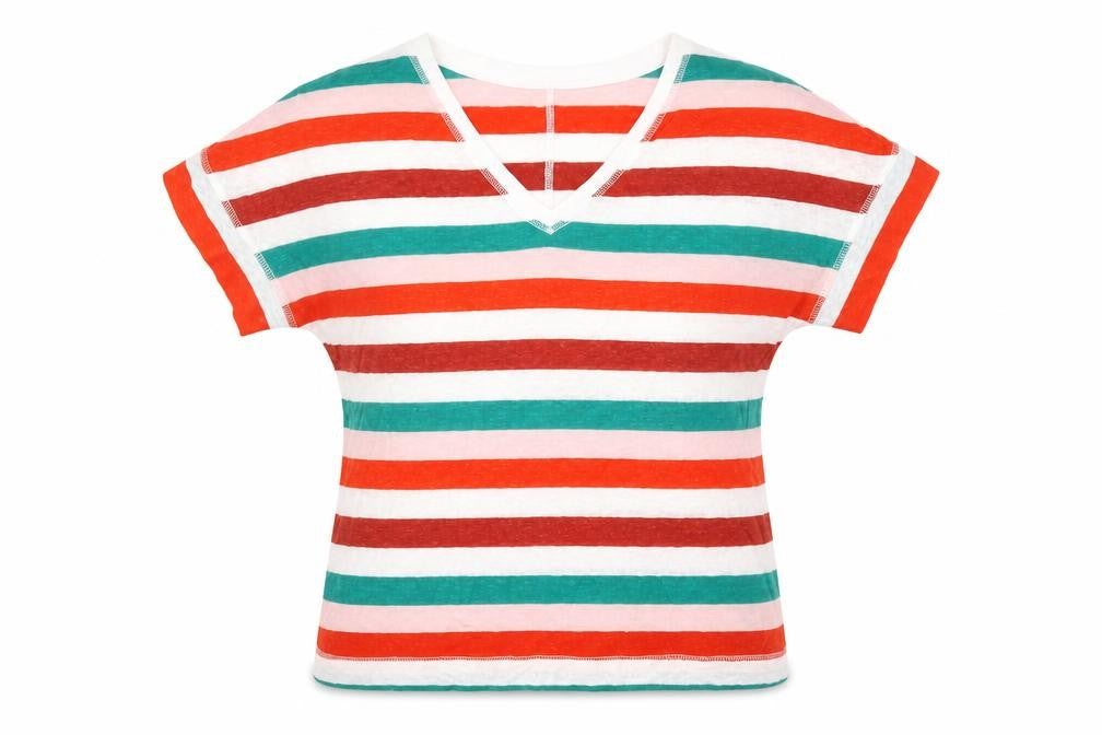 Marks and Spencer Womens Multicoloured Striped Linen Basic T-Shirt Size 8 V-Neck