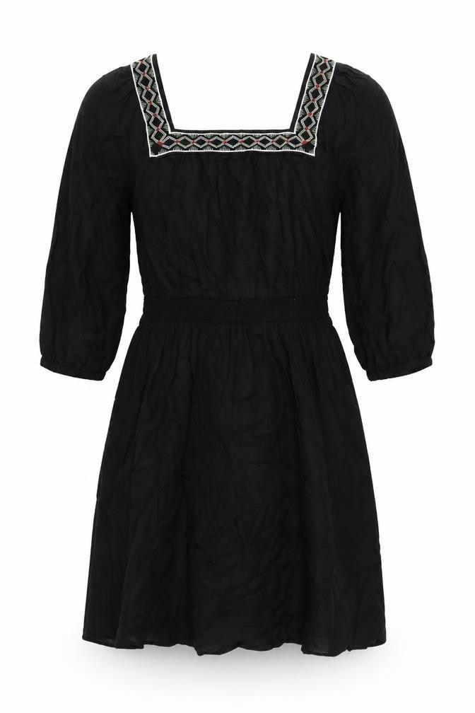Marks and Spencer Womens Black Linen A-Line Size 10 Square Neck Pullover - Embroidered