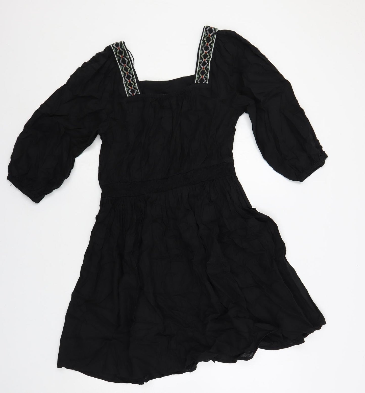 Marks and Spencer Womens Black Linen A-Line Size 10 Square Neck Pullover - Embroidered