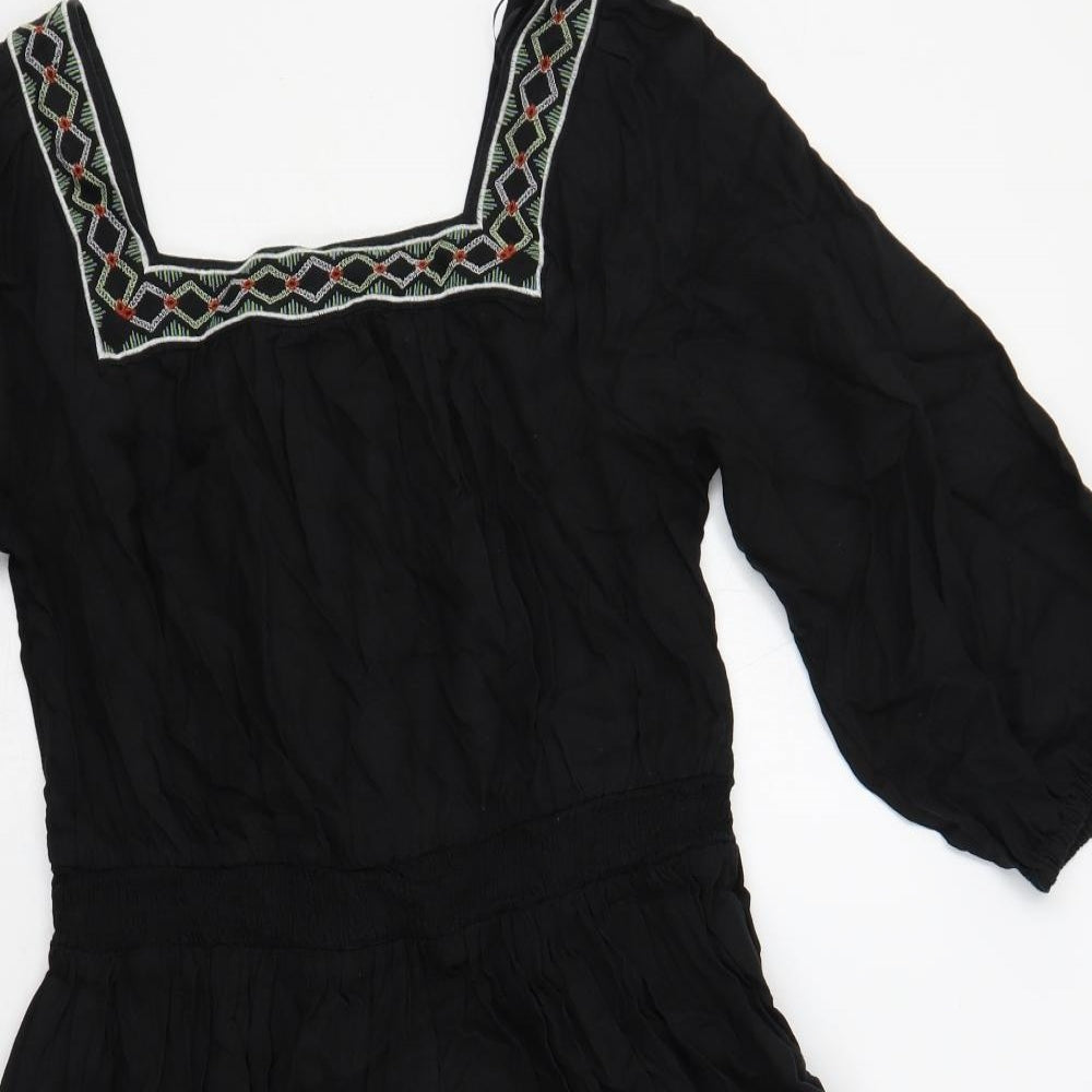 Marks and Spencer Womens Black Linen A-Line Size 10 Square Neck Pullover - Embroidered