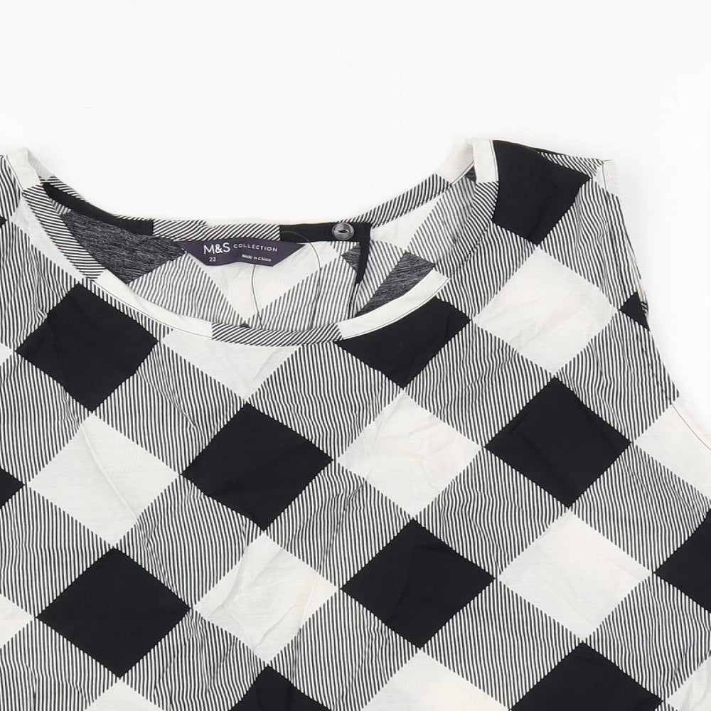 Marks and Spencer Womens Black Plaid Viscose Basic Blouse Size 22 Boat Neck - Open Back