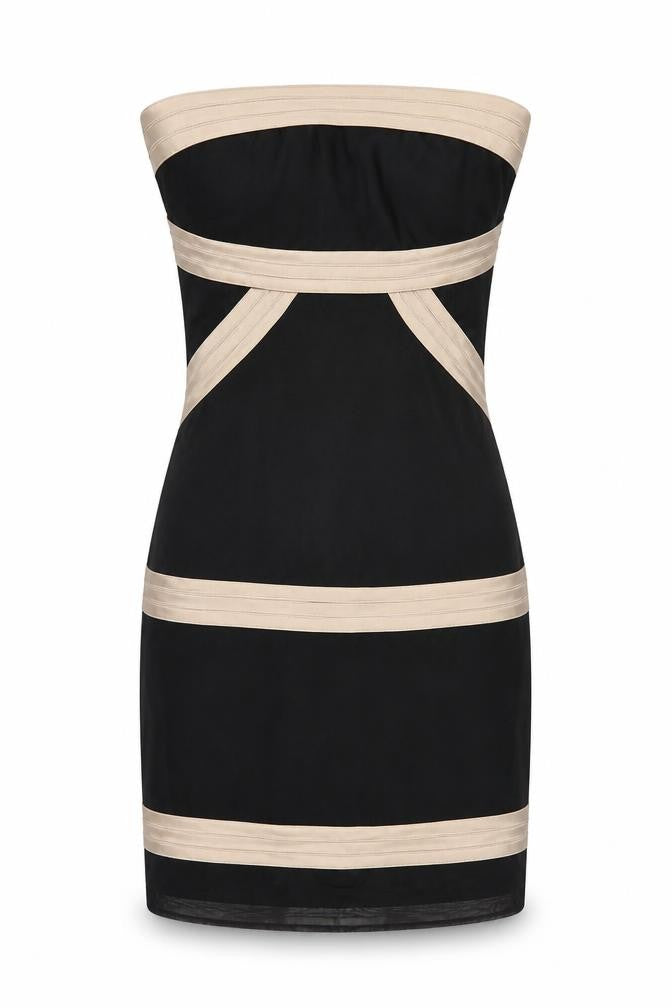 Front view of ASOS women’s black polyester mini, size UK 6, off the shoulder zip