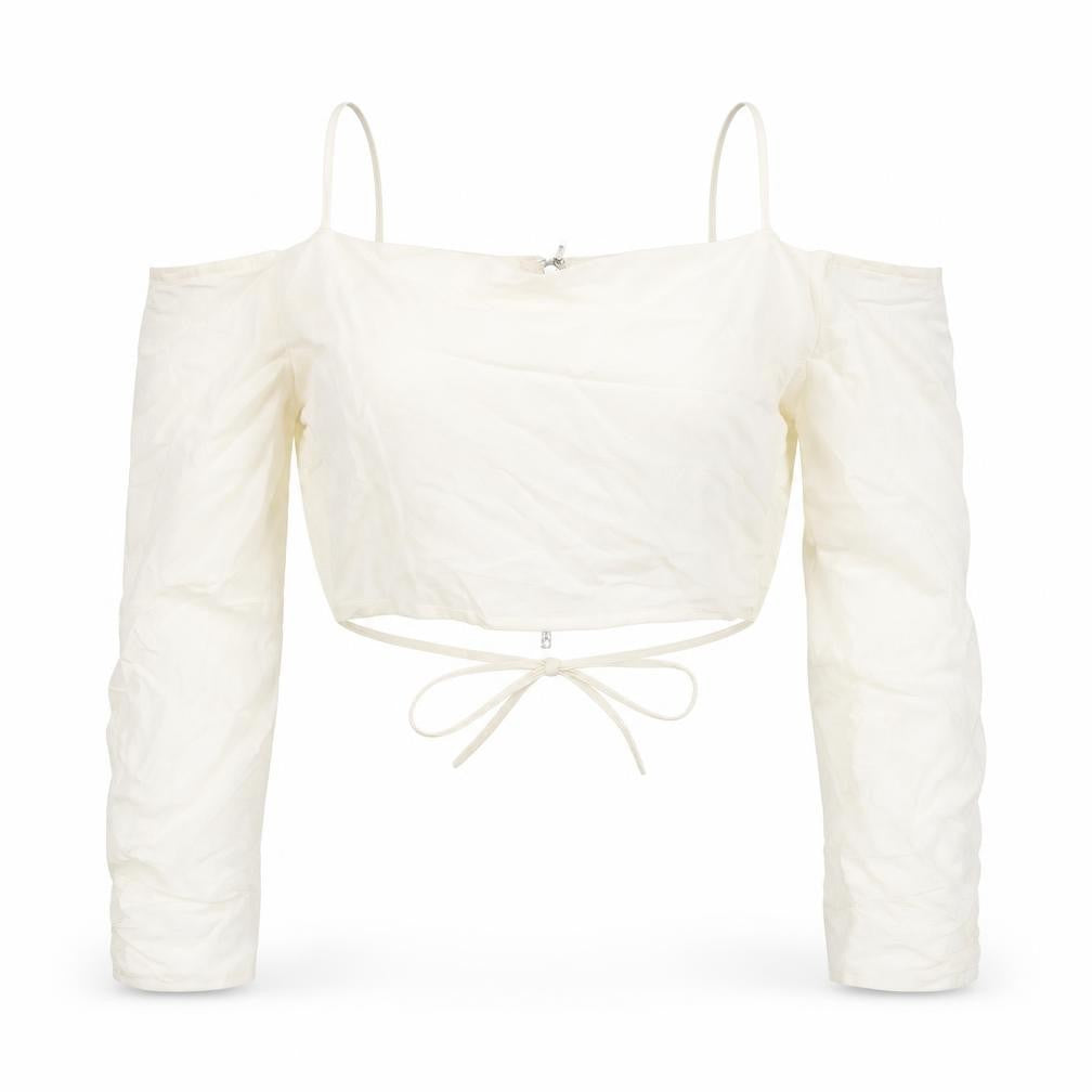 PRETTYLITTLETHING Womens Ivory Cotton Cropped Blouse Size 12 Off the Shoulder - Strap Wrap Detail Cold Soulder