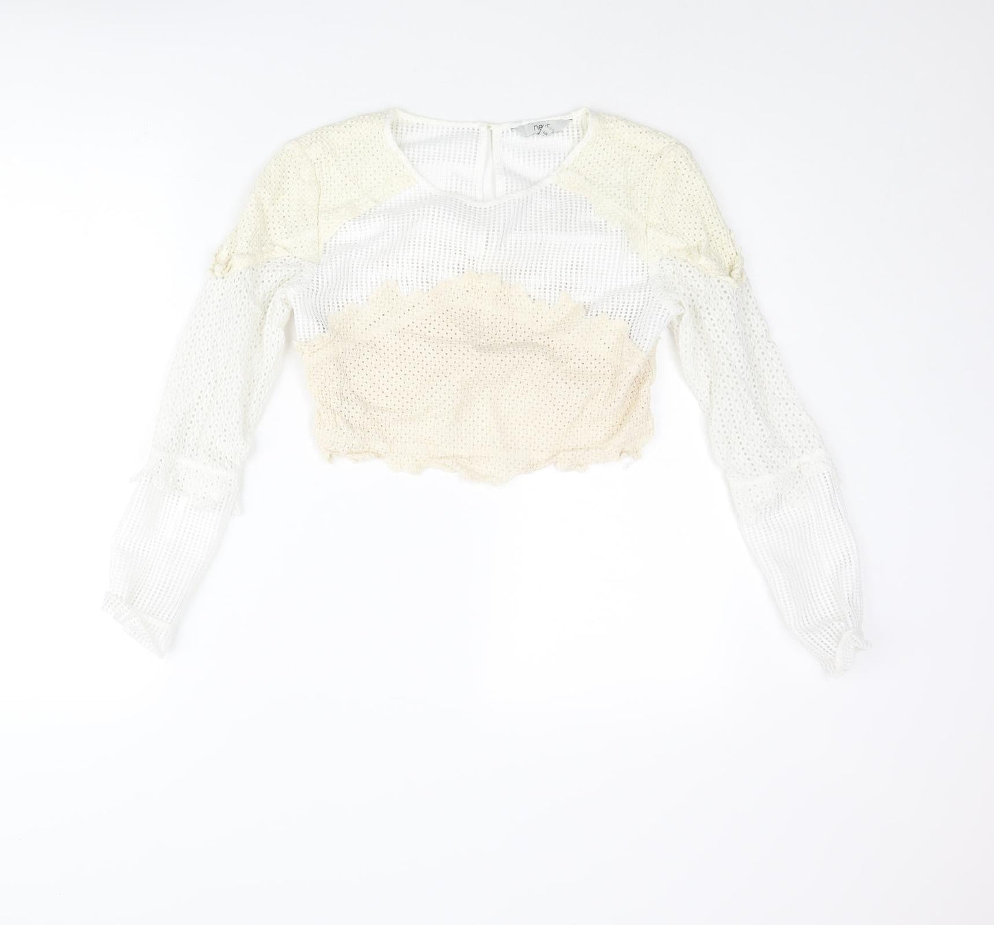 NEXT Womens White Polyester Cropped Blouse Size 8 Round Neck - Lace Detail
