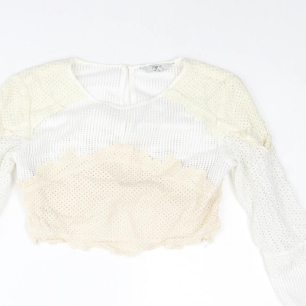 NEXT Womens White Polyester Cropped Blouse Size 8 Round Neck - Lace Detail