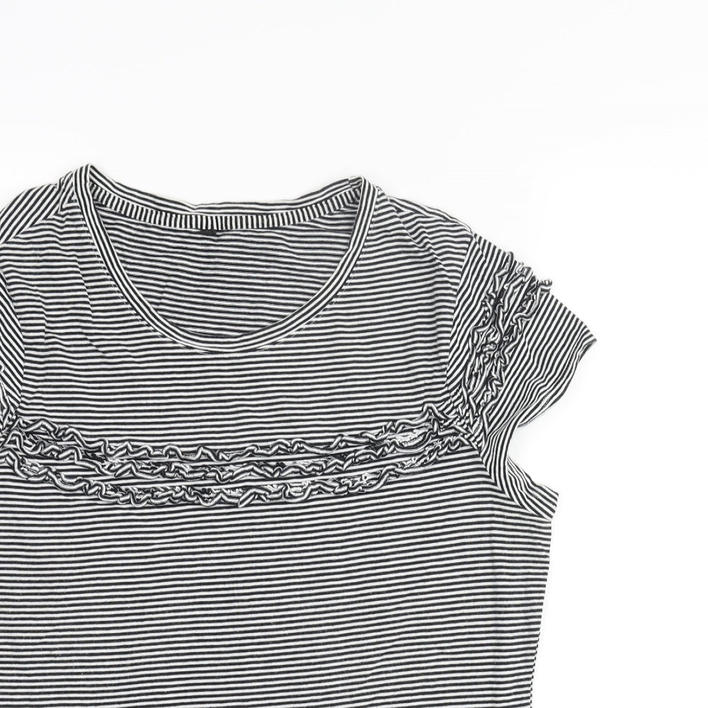 Marks and Spencer Womens Black Striped Cotton Basic Blouse Size 14 Round Neck - Frill