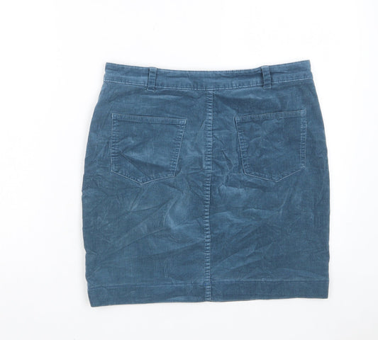 Marks and Spencer Womens Blue Cotton A-Line Skirt Size 10 Zip - Pockets, Belt Loops, Studs