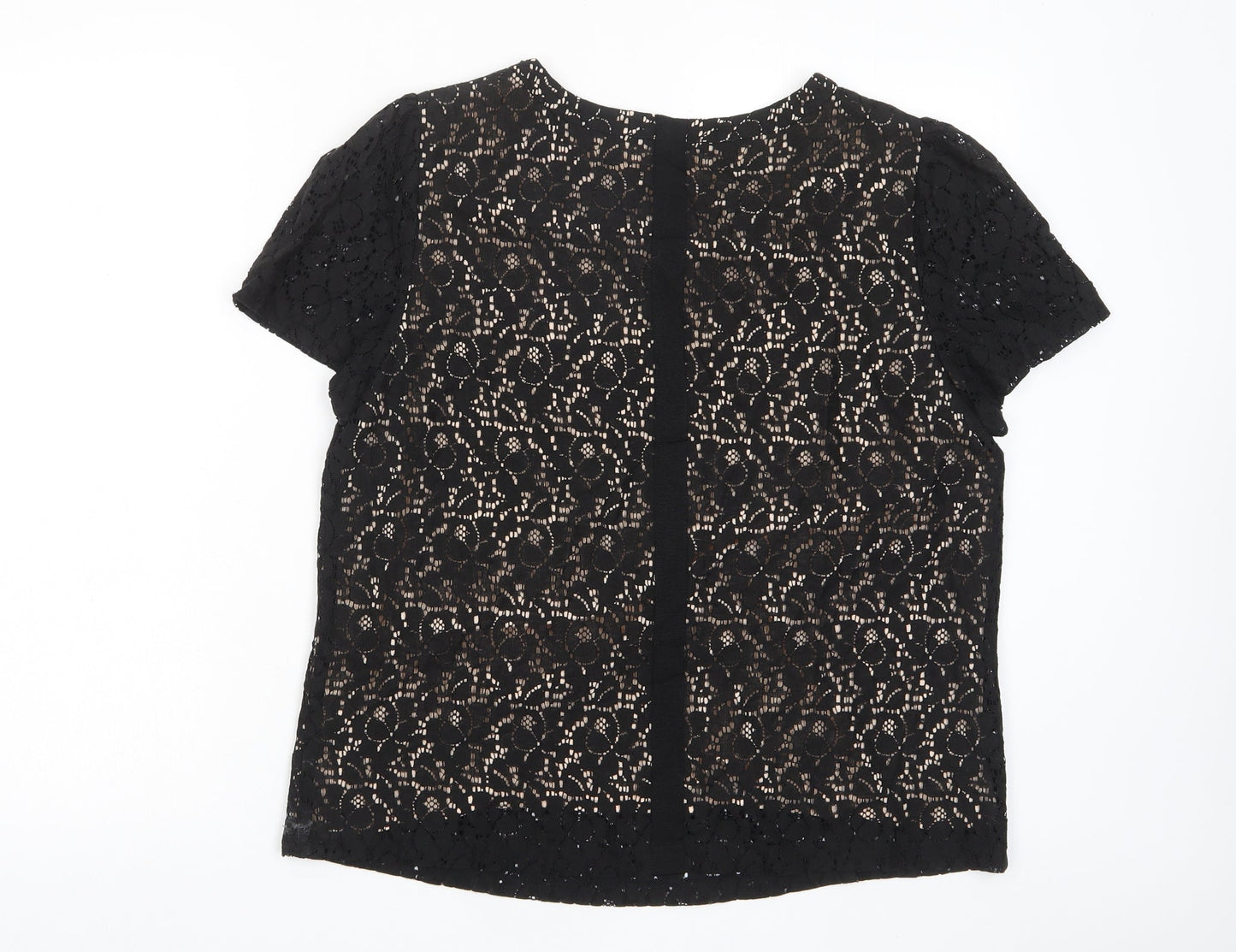 Oasis Womens Black Cotton Basic T-Shirt Size 16 Crew Neck - Buttons