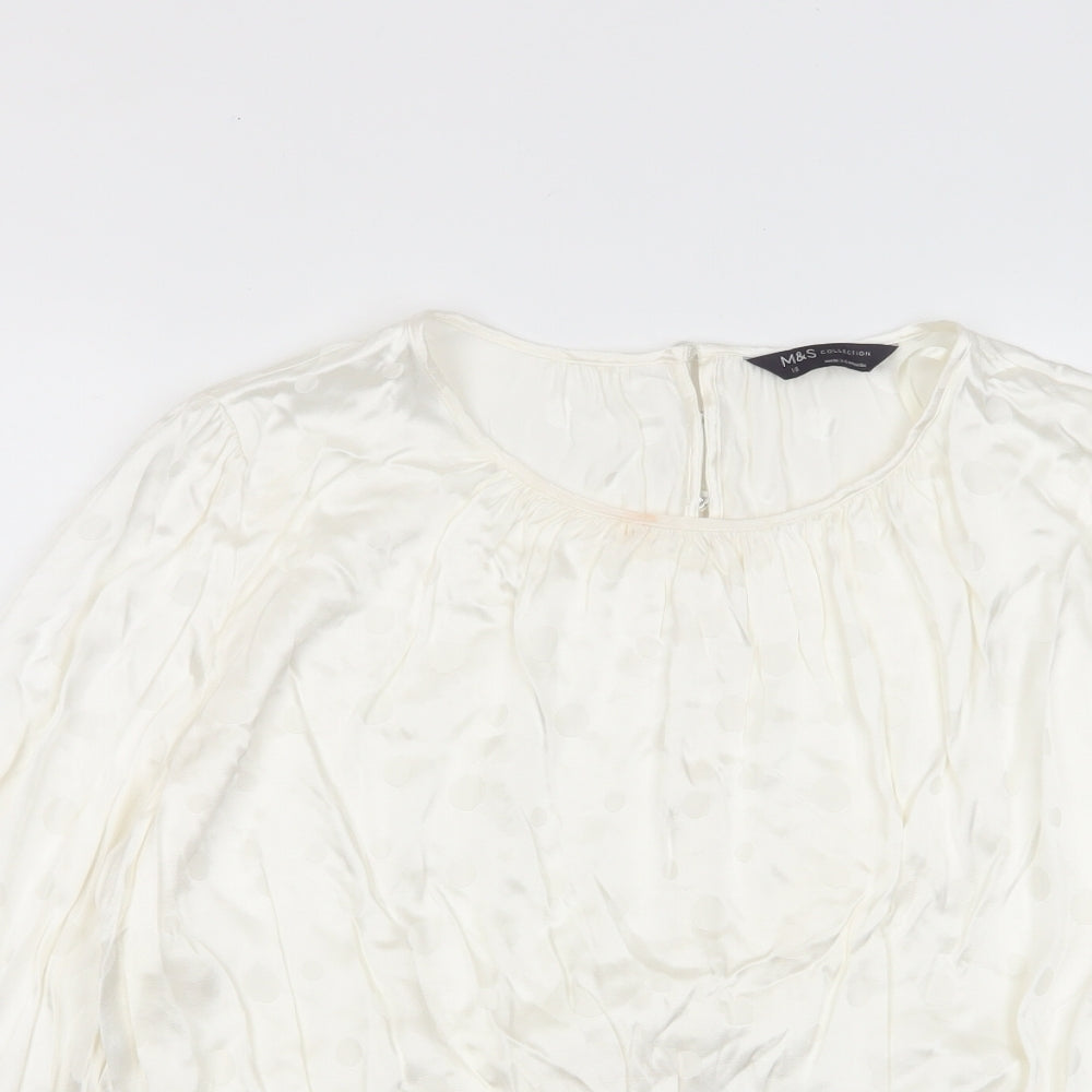 Marks and Spencer Womens Ivory Polka Dot Viscose Basic Blouse Size 6 Crew Neck - Tie Back