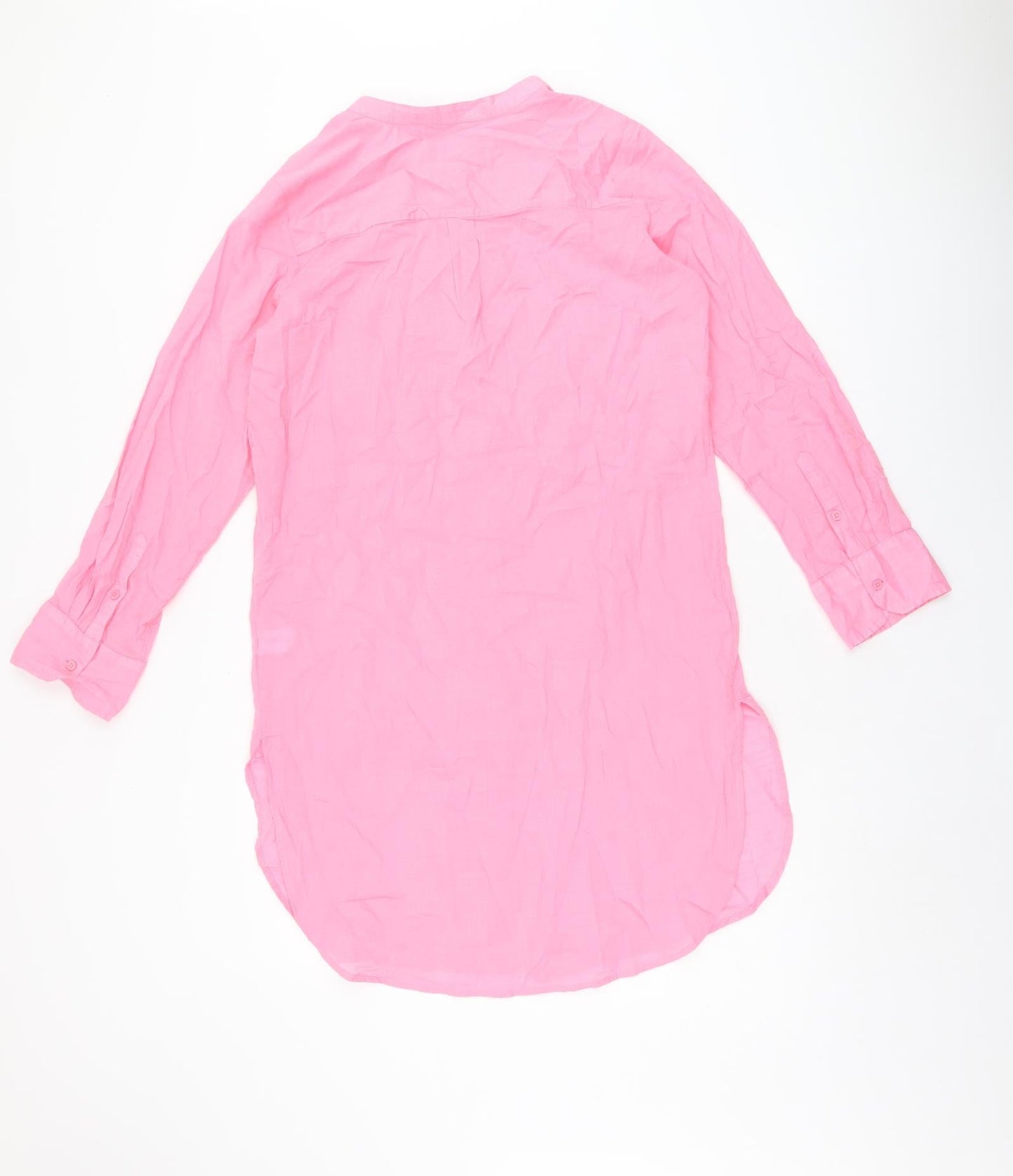 Marks and Spencer Womens Pink Cotton Shirt Dress Size 10 Round Neck Button - Split Hem
