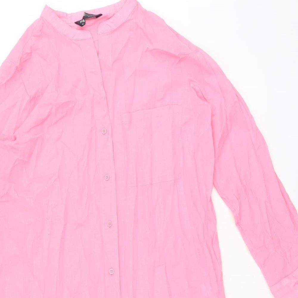 Marks and Spencer Womens Pink Cotton Shirt Dress Size 10 Round Neck Button - Split Hem