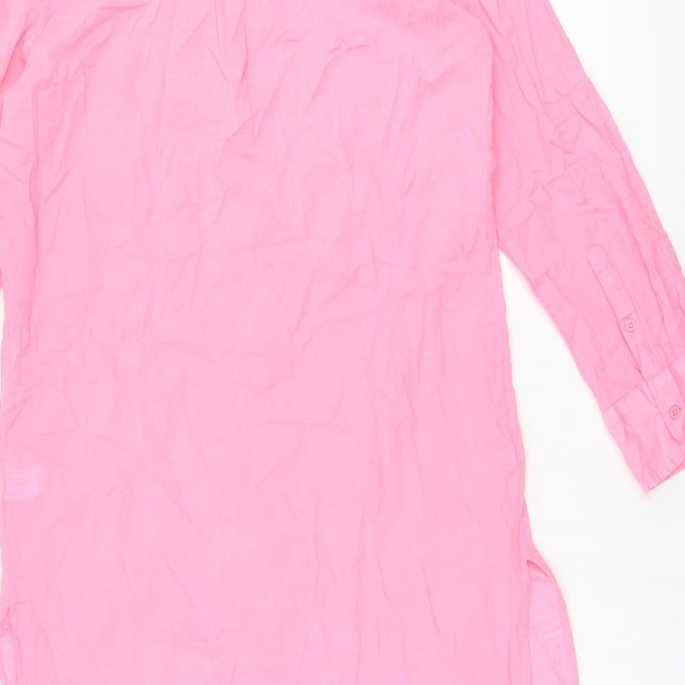 Marks and Spencer Womens Pink Cotton Shirt Dress Size 10 Round Neck Button - Split Hem