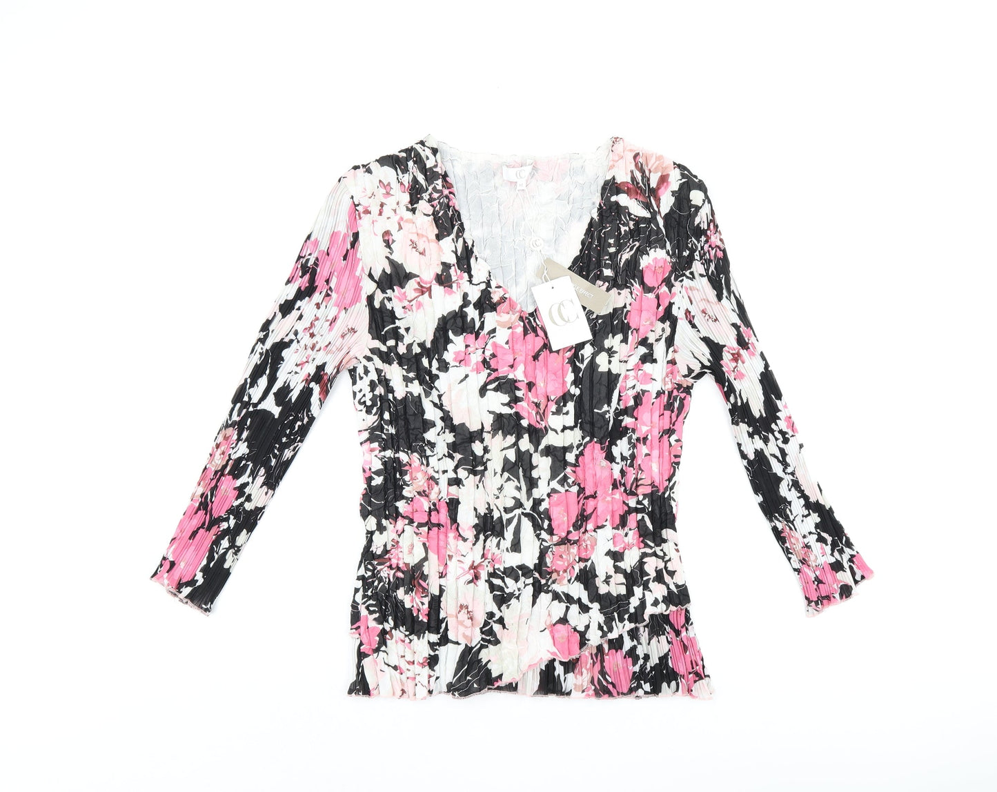 CC Womens Black Floral Polyester Basic T-Shirt Size M V-Neck - Pleated