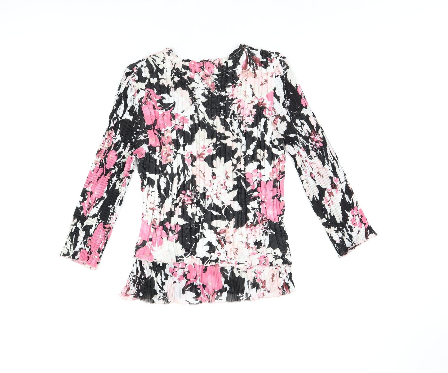 CC Womens Black Floral Polyester Basic T-Shirt Size M V-Neck - Pleated