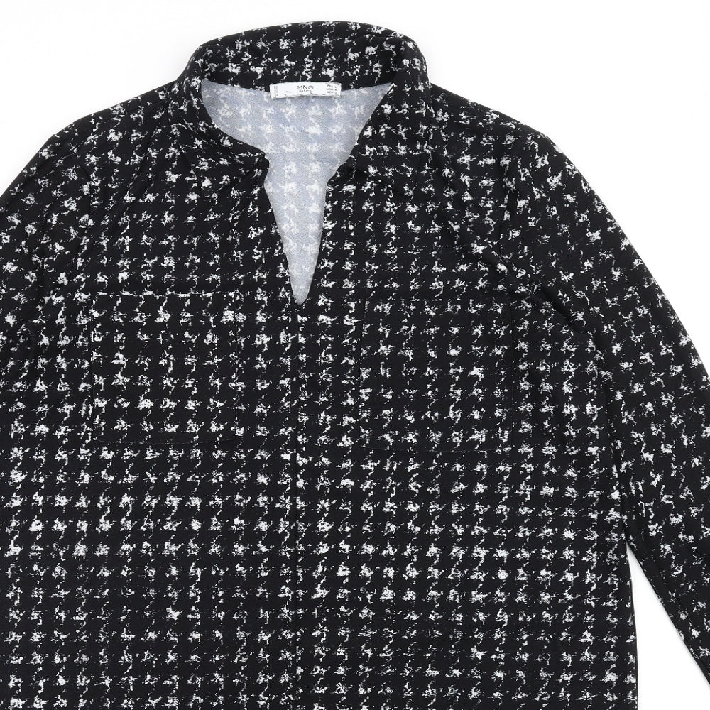 Mango Womens Black Geometric Polyester Shirt Dress Size L Collared Pullover