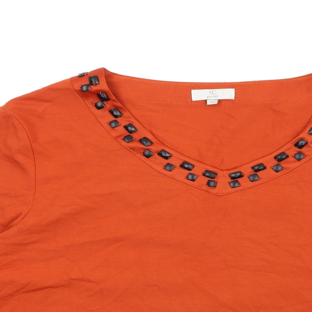 CC Womens Orange Viscose Basic T-Shirt Size XL V-Neck - Beaded Neckline