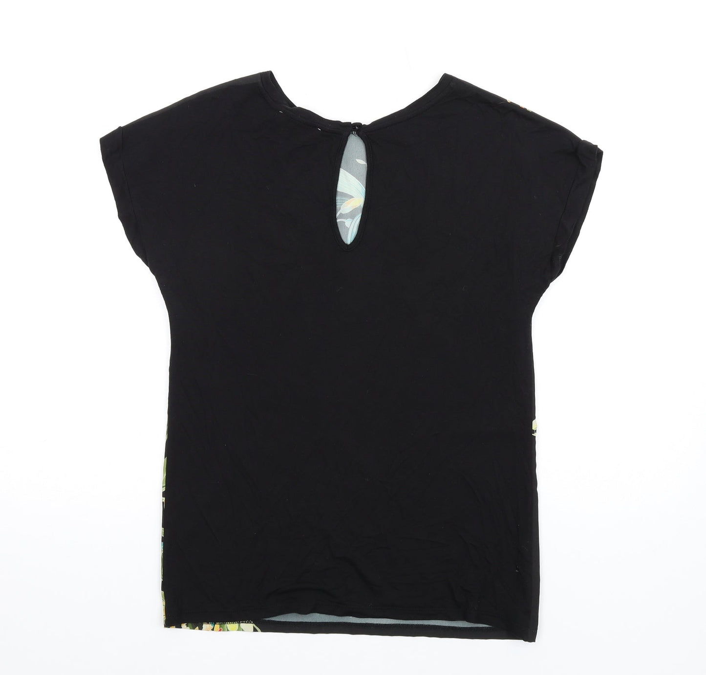 Warehouse Womens Black Floral Polyester Basic T-Shirt Size 6 Round Neck