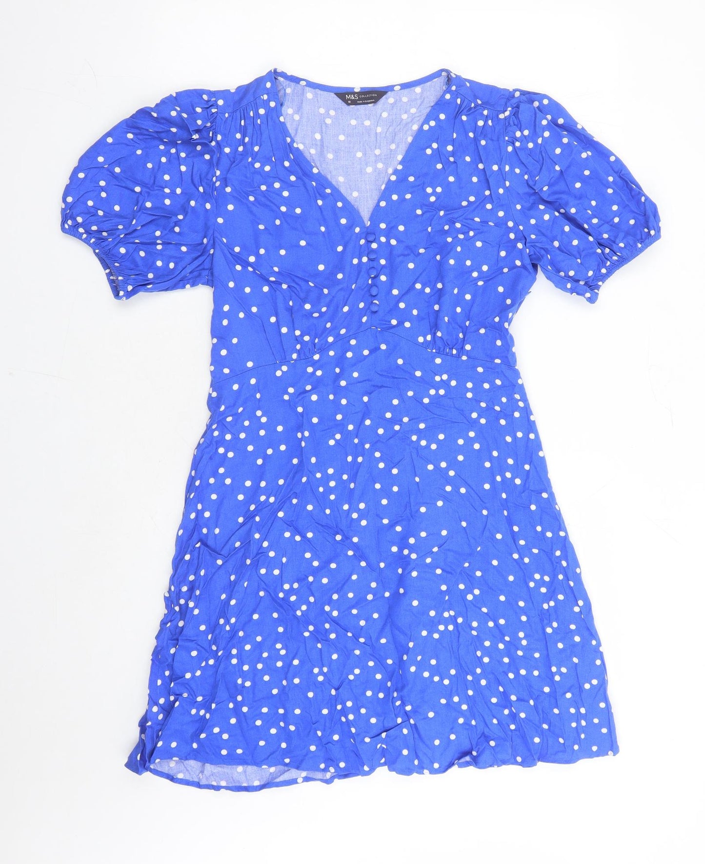 Marks and Spencer Womens Blue Polka Dot Viscose A-Line Size 10 V-Neck Zip