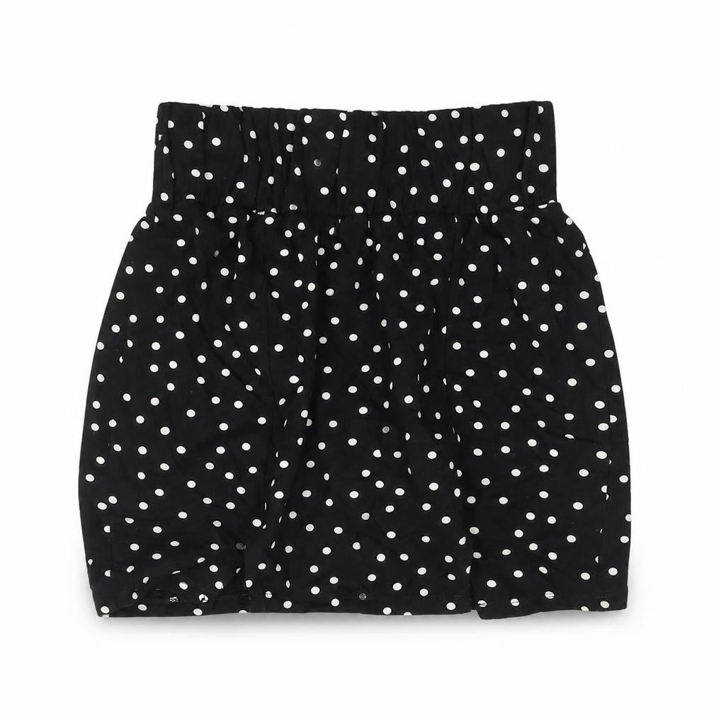 Front view of ASOS women’s black polka dot cotton mini skirt, size UK 8
