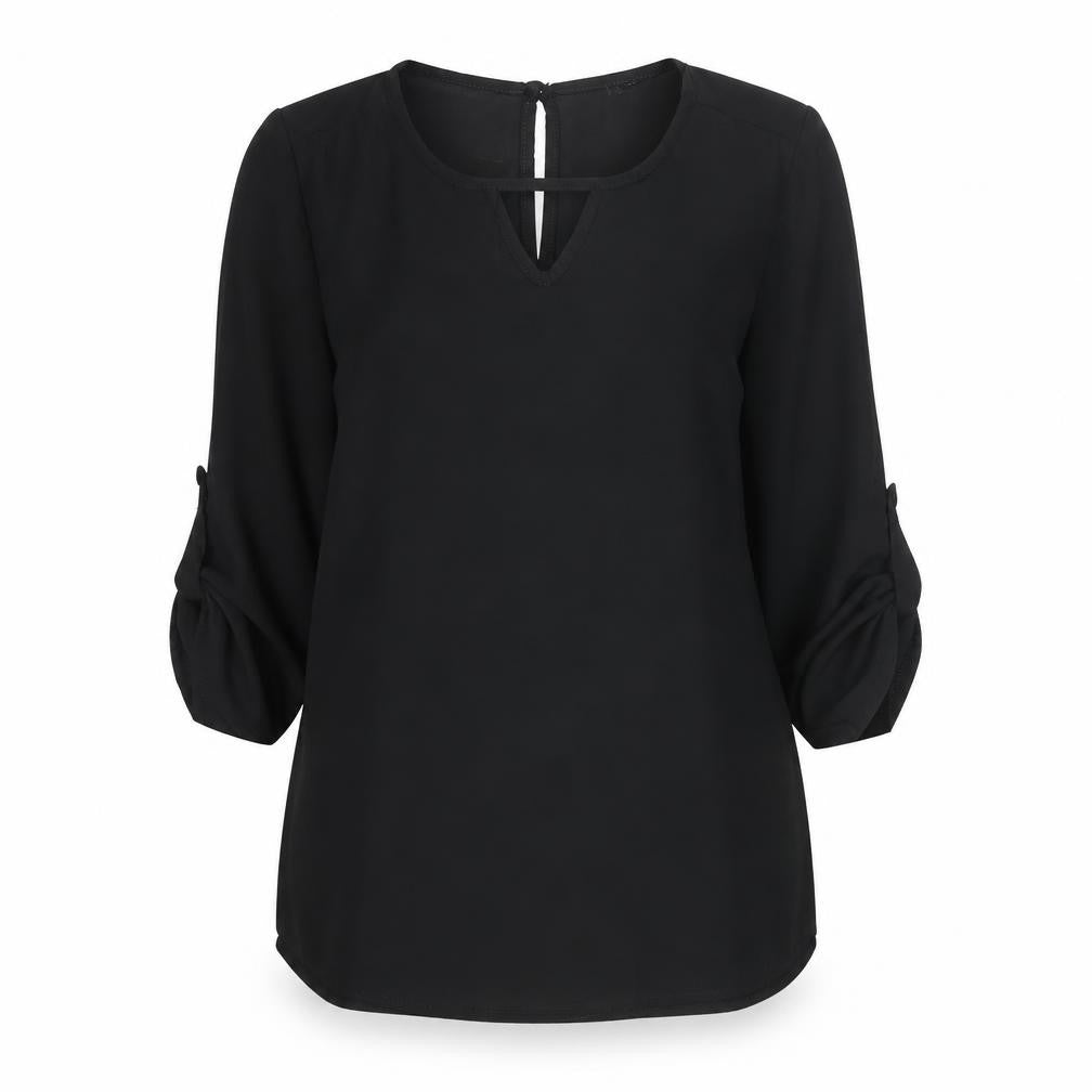 Boohoo Womens Black Polyester Basic Blouse Size 8 Round Neck - Keyhole Neck