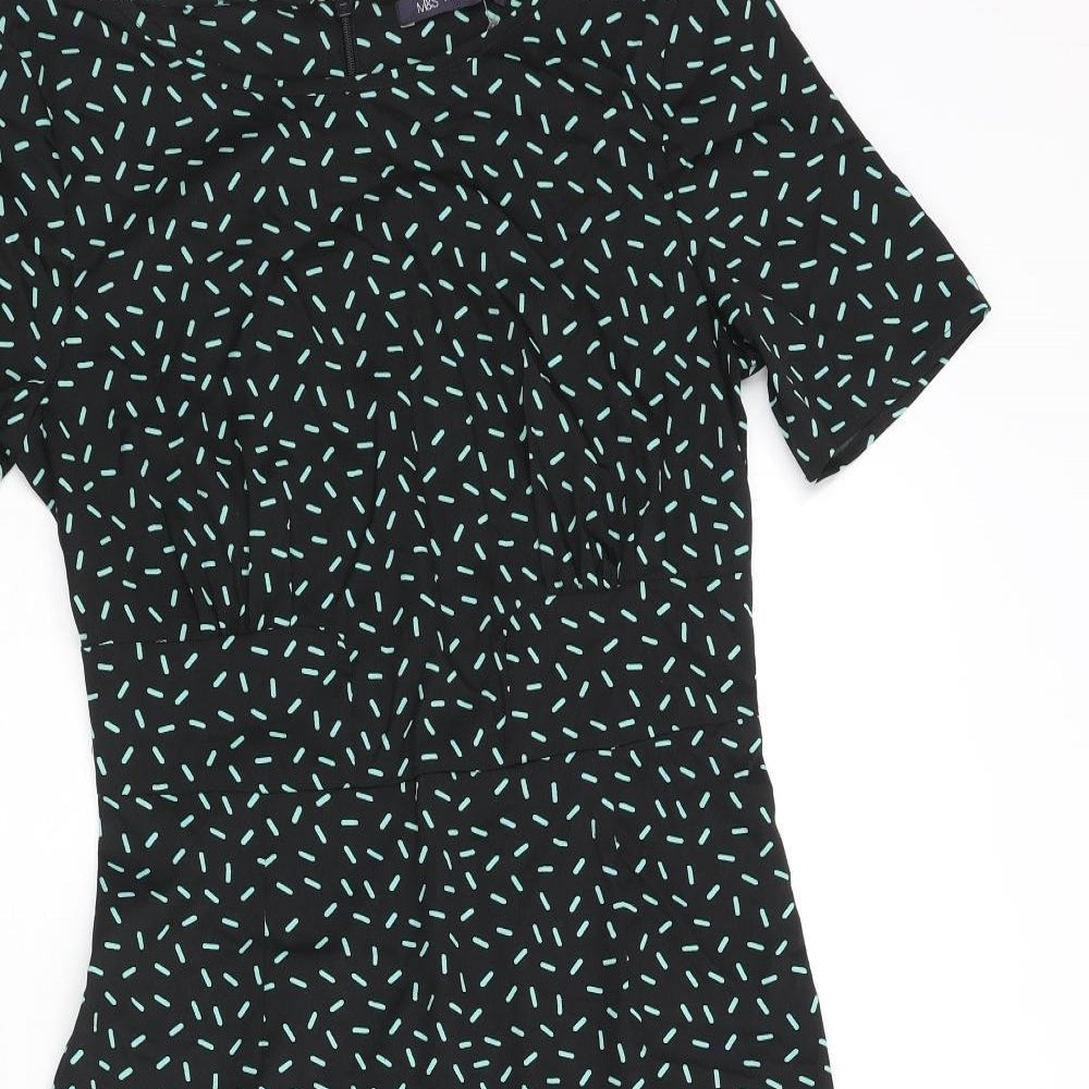 Marks and Spencer Womens Black Geometric Polyester Shift Size 10 Round Neck Zip