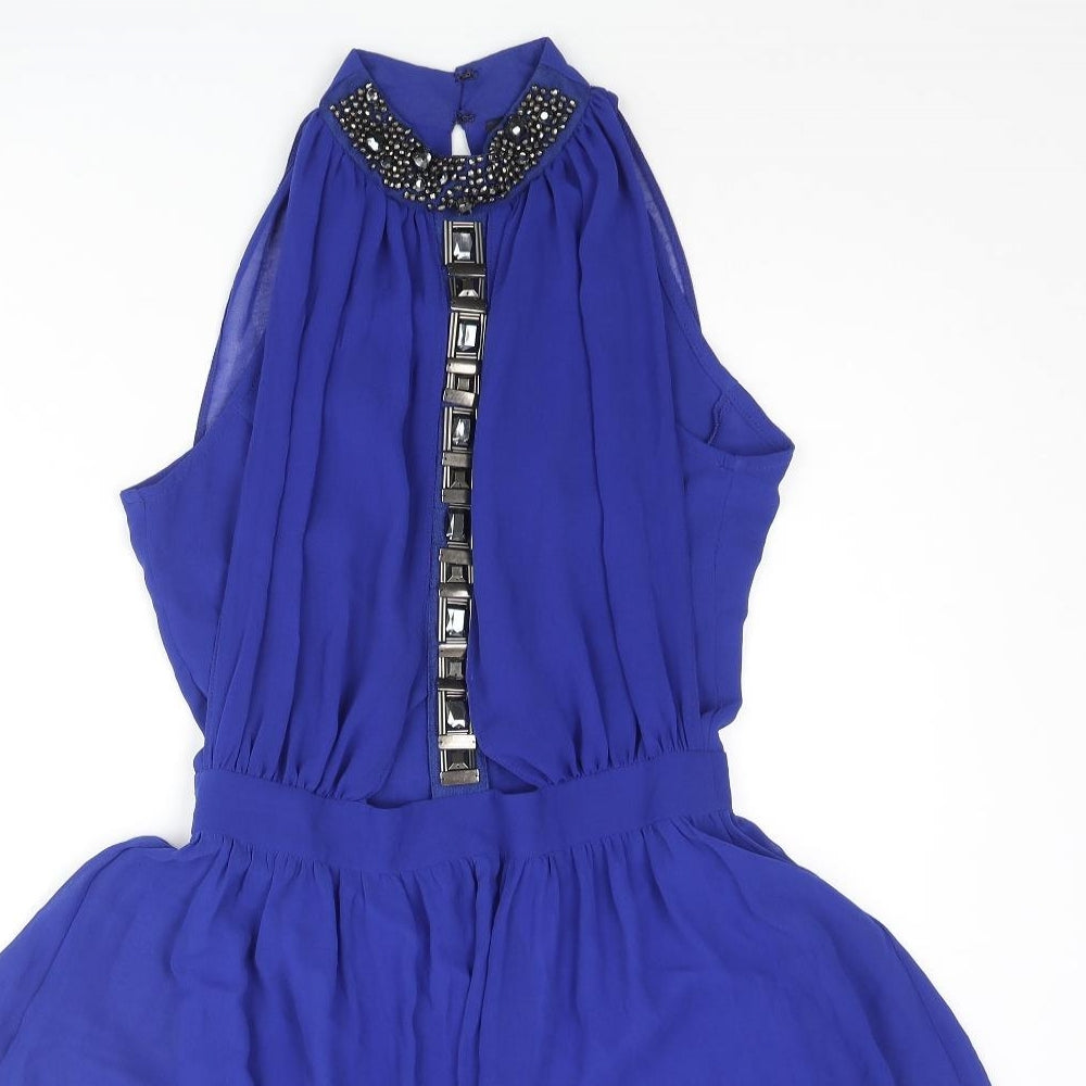 River Island Womens Blue Polyester Shift Size 10 Mock Neck Zip - Rhinestone Detail