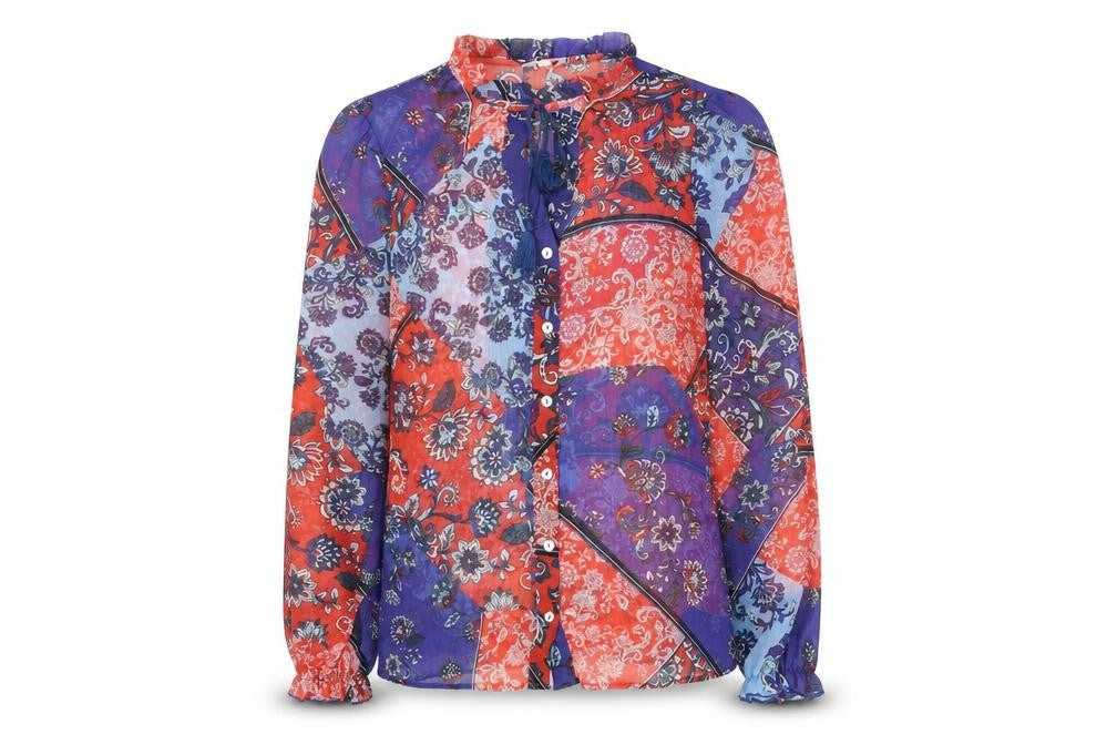 Front view of Falmer Heritage women’s blue geometric polyester basic blouse, size UK 10, mock neck - bow
