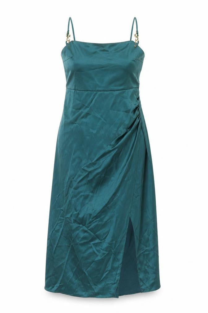 Zara Womens Blue Polyester Slip Dress Size M Square Neck Zip - Rouched Chain Strap