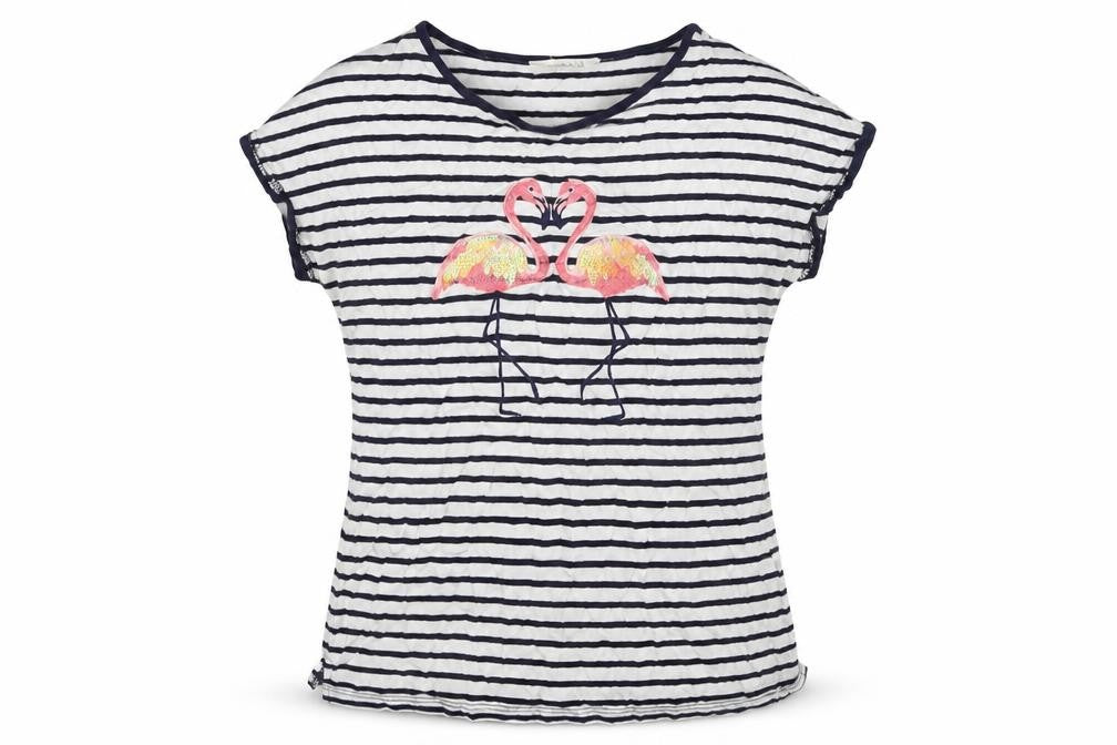 Oasis Womens Blue Striped Viscose Basic T-Shirt Size XS Round Neck - Embroidered Flamingos