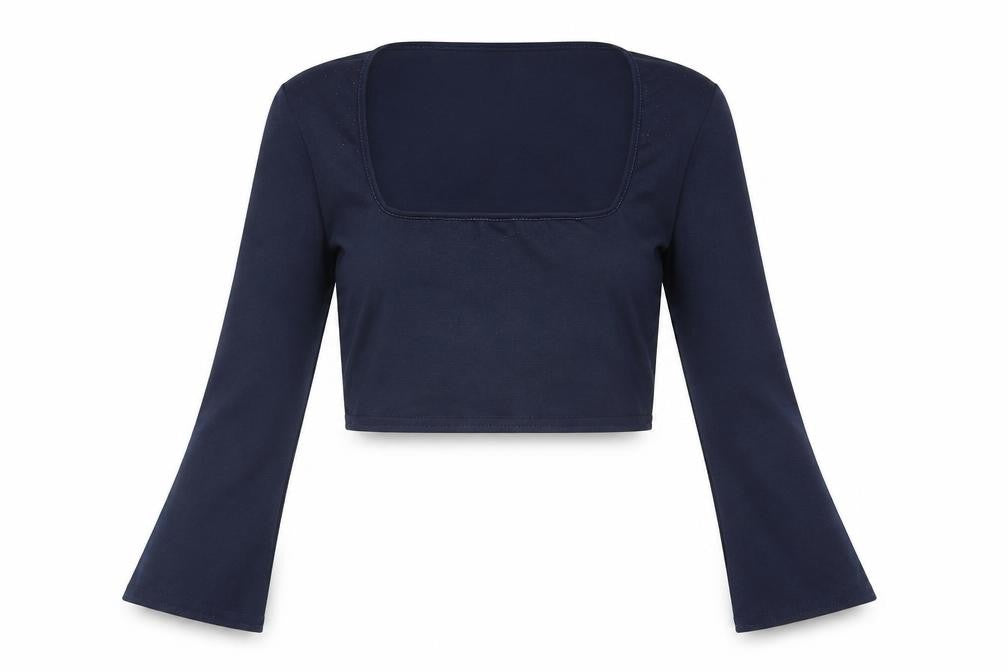 Front view of I SAW IT FIRST women’s blue polyester cropped blouse, size UK 12, square neck - glitter