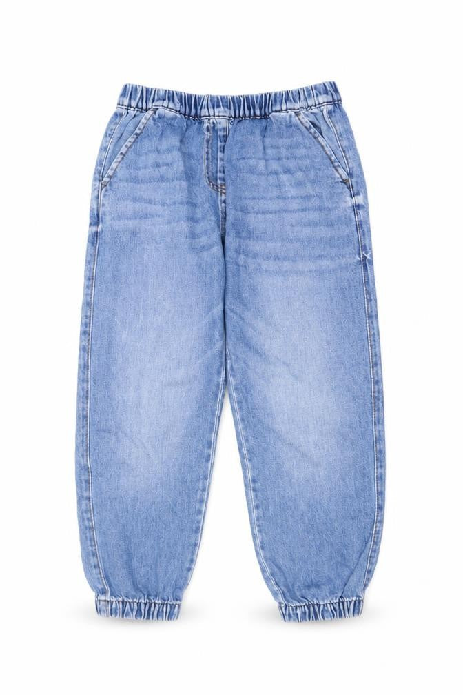 Front view of Next boys’ blue cotton tapered jeans, size 9, months regular pullover