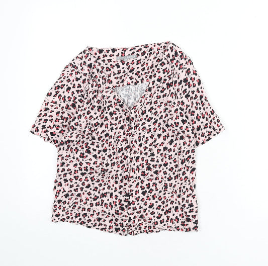 Oliver Bonas Womens Pink Animal Print Viscose Basic Button-Up Size 8 V-Neck - Leopard Print