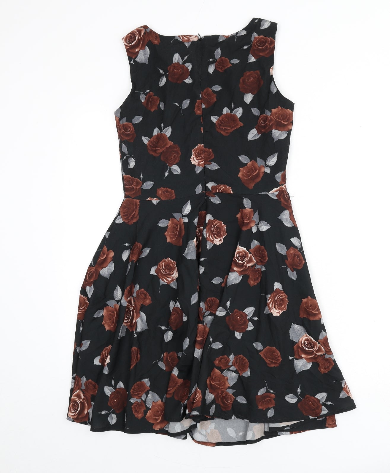 Mela London Womens Black Floral Viscose Fit & Flare Size 8 Round Neck Zip