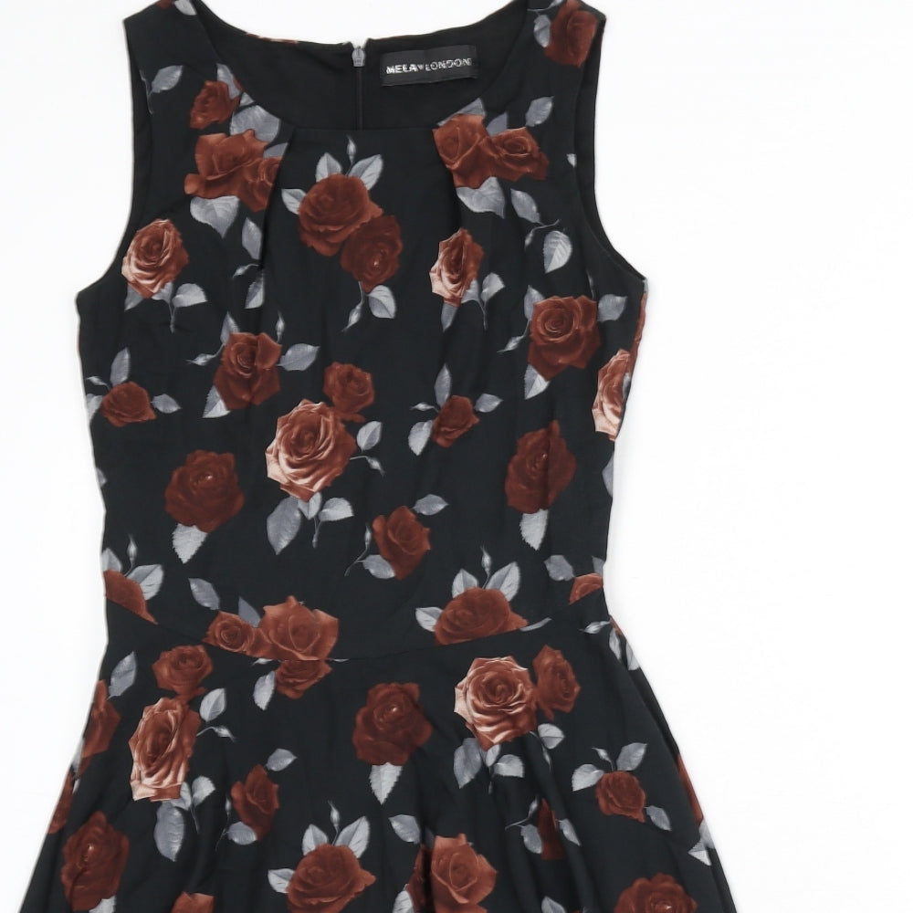Mela London Womens Black Floral Viscose Fit & Flare Size 8 Round Neck Zip