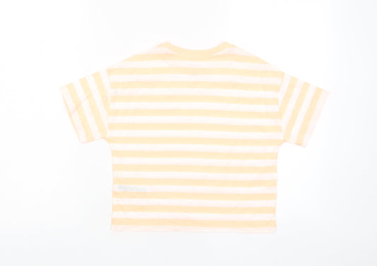 Marks and Spencer Boys Orange Striped Cotton Basic T-Shirt Size 8-9 Years Crew Neck Pullover