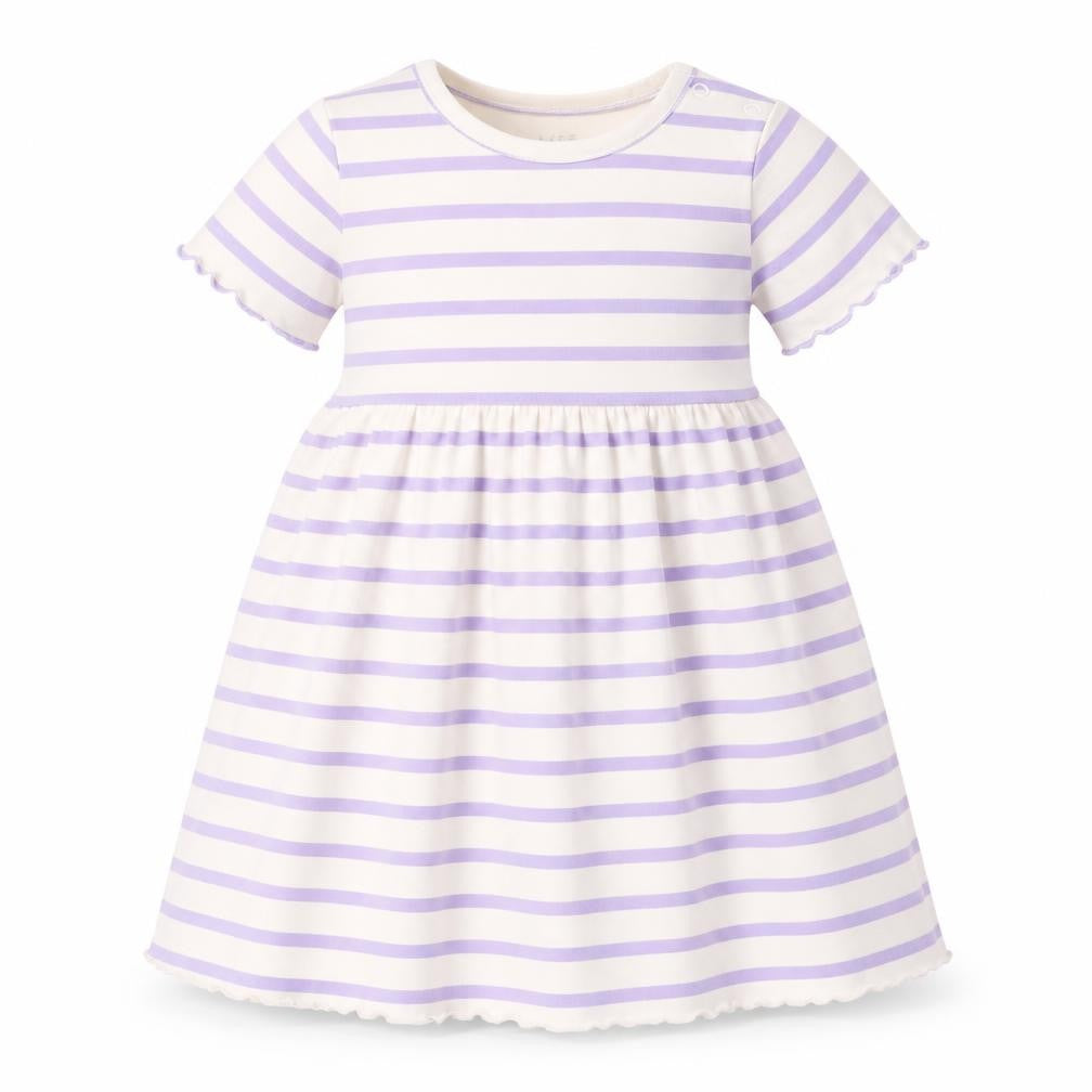Marks and Spencer Girls Purple Striped Cotton A-Line Size 2-3 Years Crew Neck Button