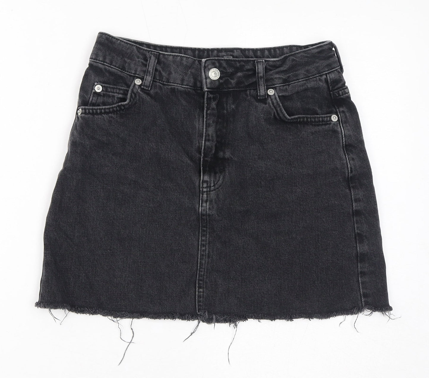 Topshop Womens Black Cotton A-Line Skirt Size 8 Zip - Distressed Hem