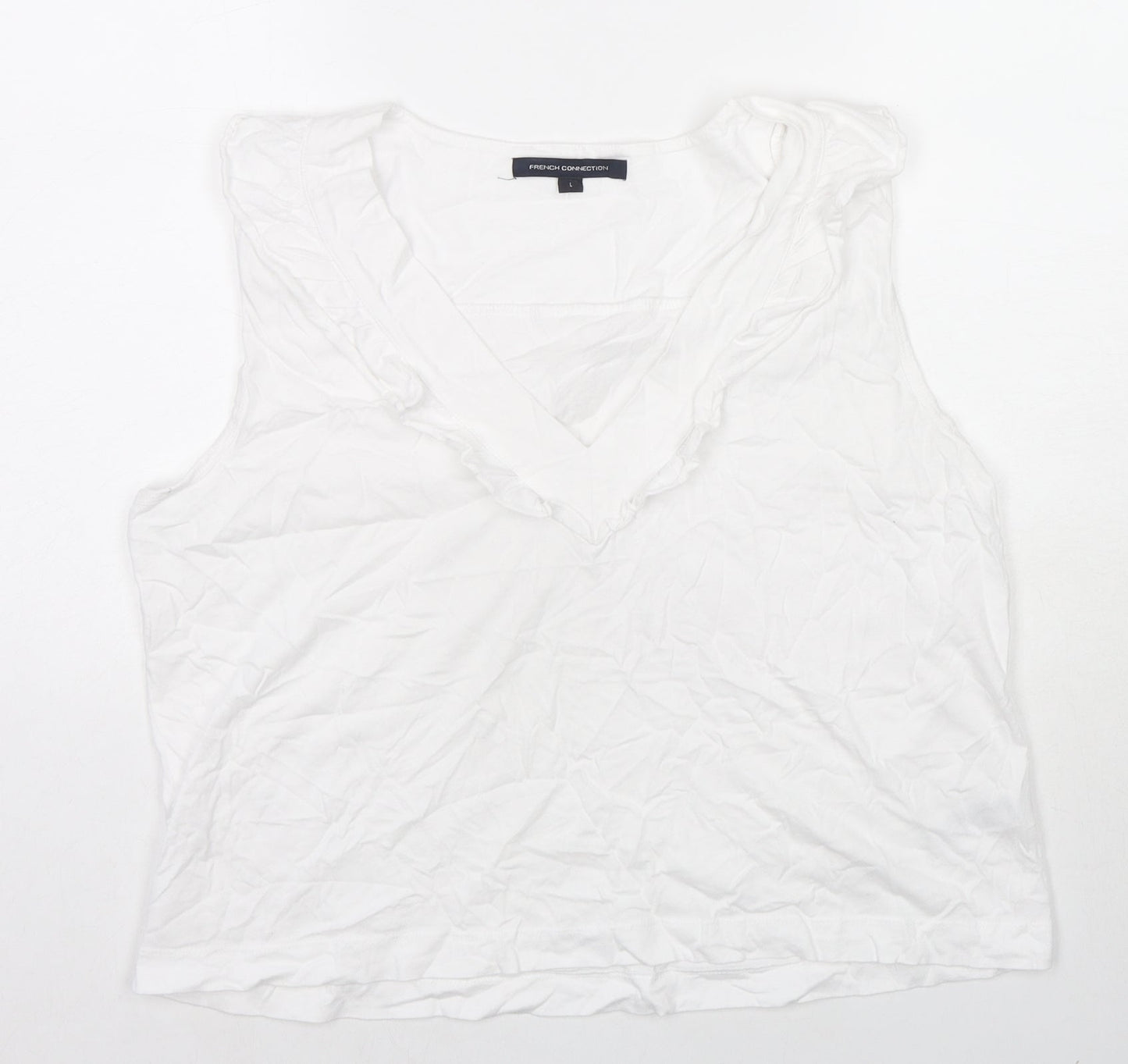 French Connection Womens White Cotton Basic Tank Size L V-Neck - Ruffle Detail