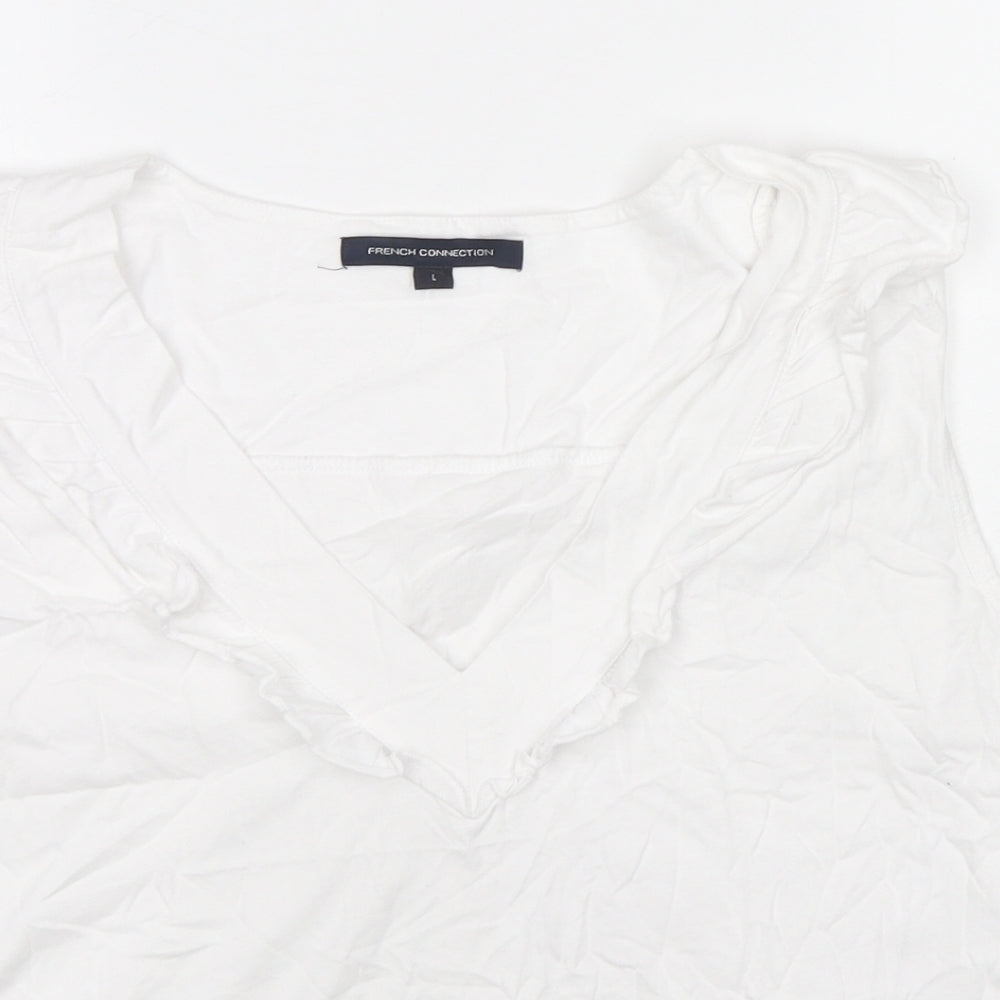 French Connection Womens White Cotton Basic Tank Size L V-Neck - Ruffle Detail
