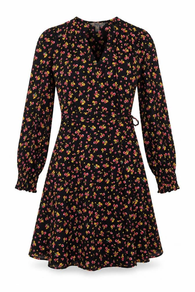 Ghost Womens Black Floral Viscose Wrap Dress Size 8 V-Neck Tie