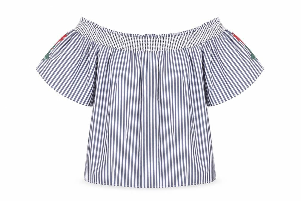 Marks and Spencer Womens Blue Striped Polyester Basic Blouse Size 12 Off the Shoulder - Leaf Embroidery