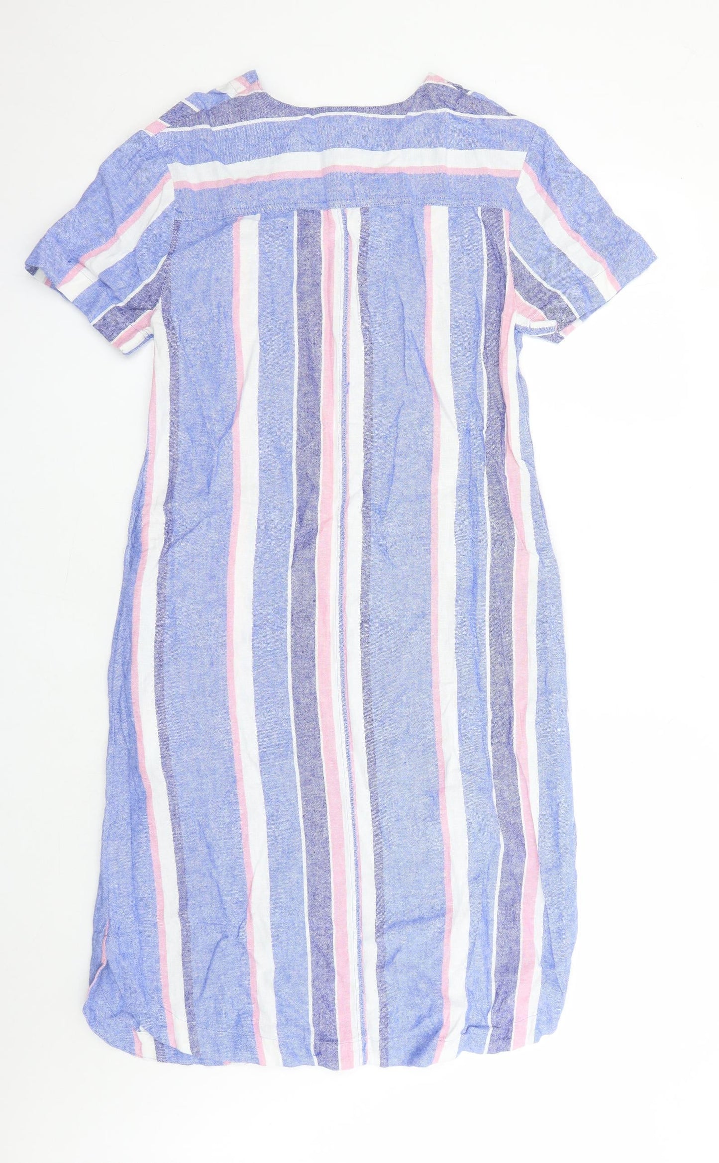 Marks and Spencer Womens Blue Striped Linen A-Line Size 8 V-Neck Pullover