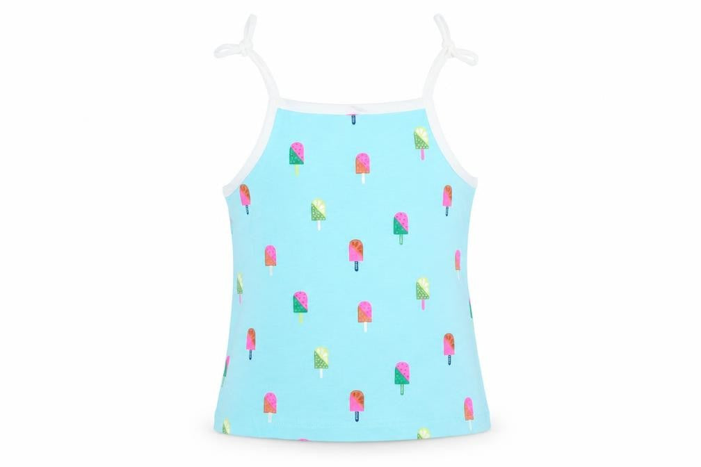 Front view of Marks & Spencer girls’ blue geometric cotton camisole tank, size 2-3, years square neck tie - ice lolly pattern