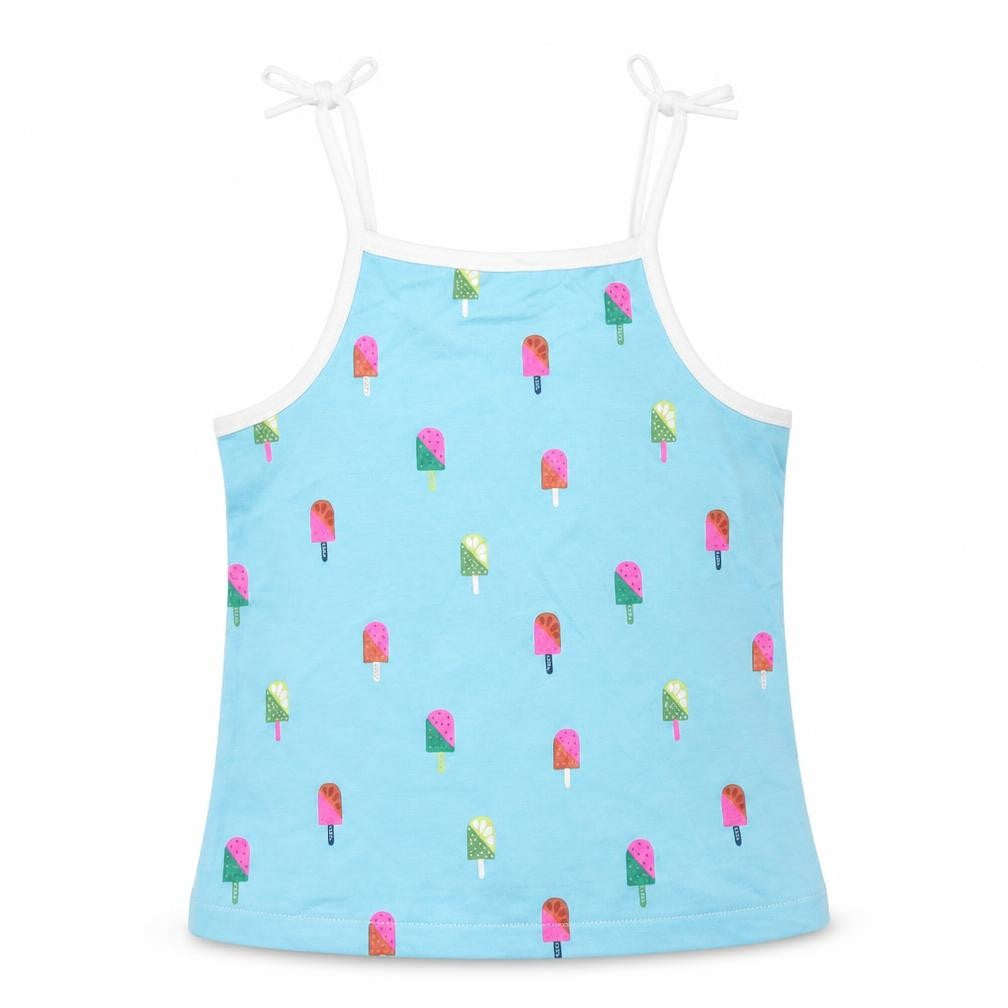 Front view of Marks & Spencer girls’ blue geometric cotton camisole tank, size 2-3, years square neck tie - ice lolly pattern