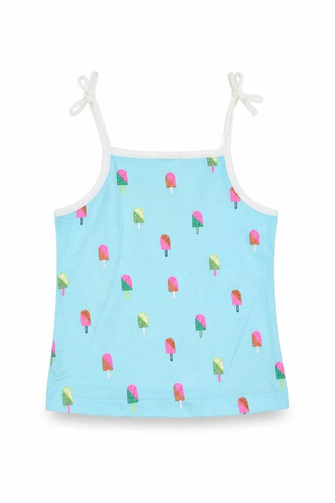 Front view of Marks & Spencer girls’ blue geometric cotton camisole tank, size 2-3, years square neck tie - ice lolly pattern