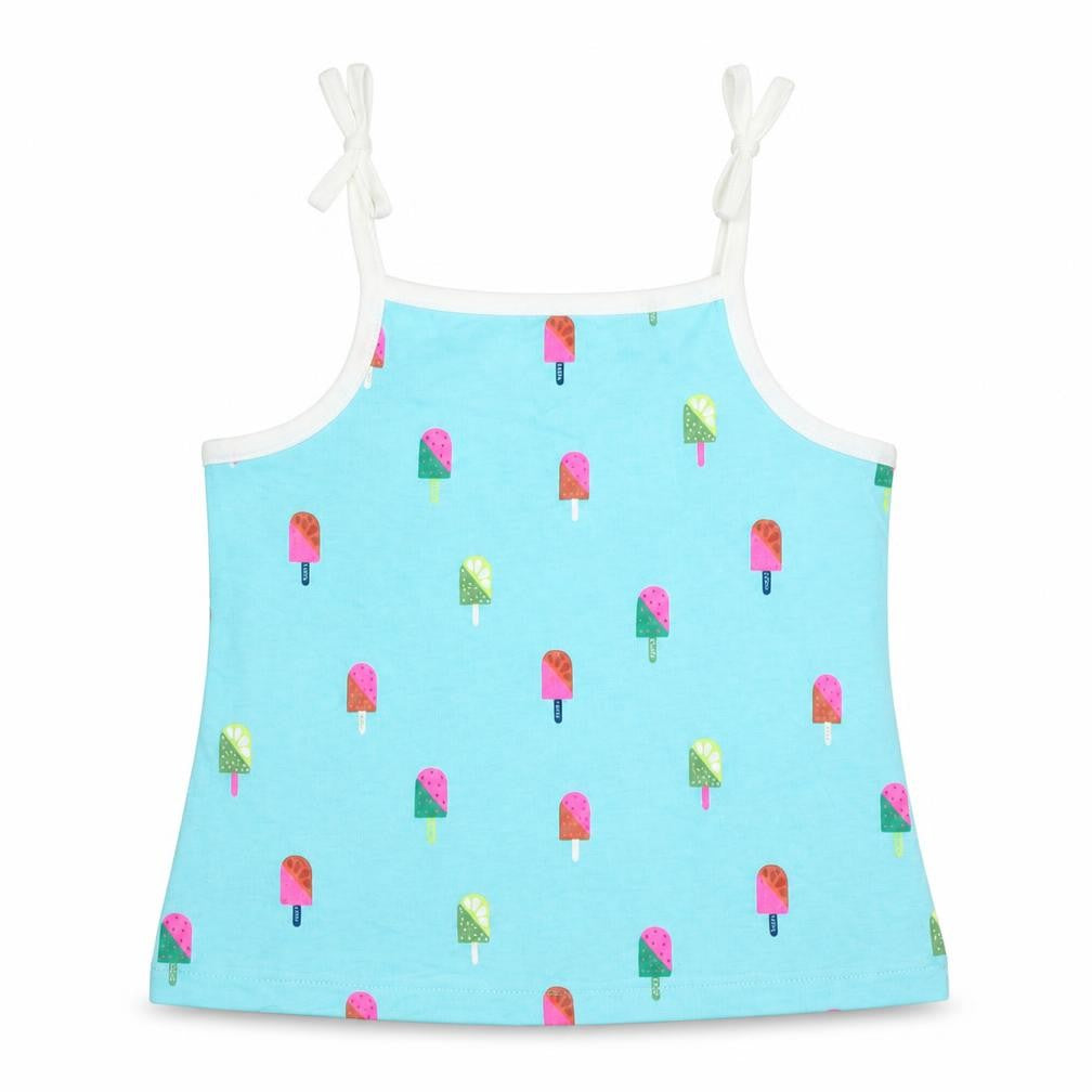Front view of Marks & Spencer girls’ black geometric cotton camisole tank, years square neck tie - ice lolly pattern