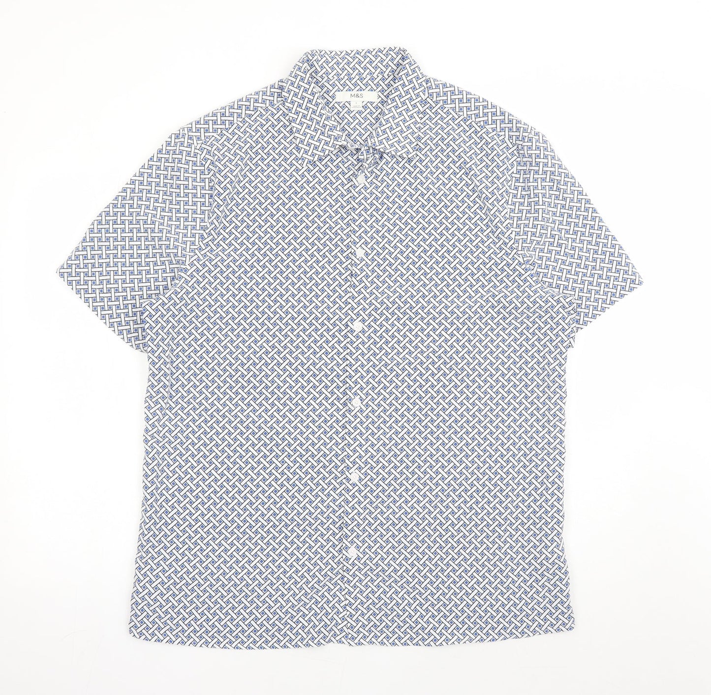 Marks and Spencer Mens Blue Geometric Polyester Button-Up Size L Collared Button